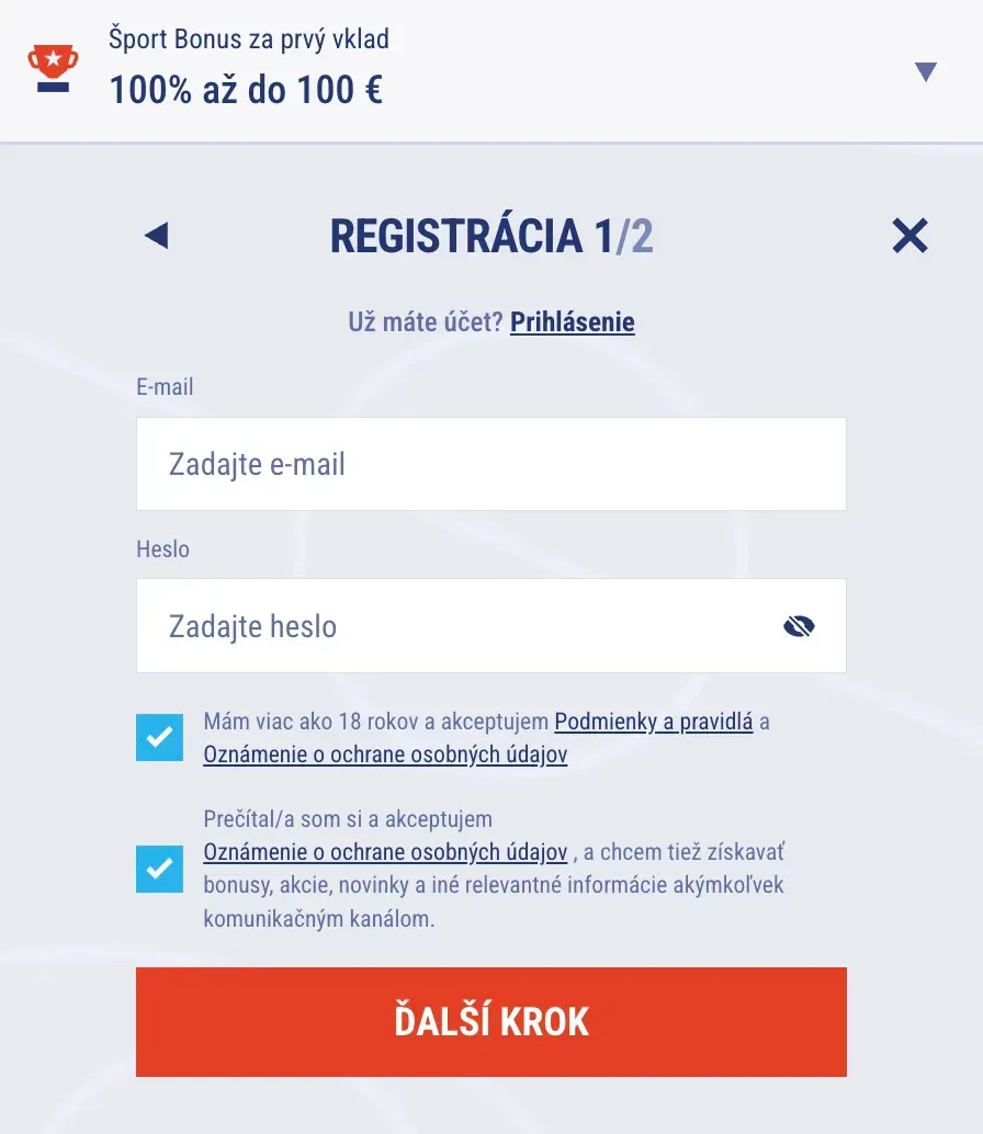 Registračný formulár v Tikitaka